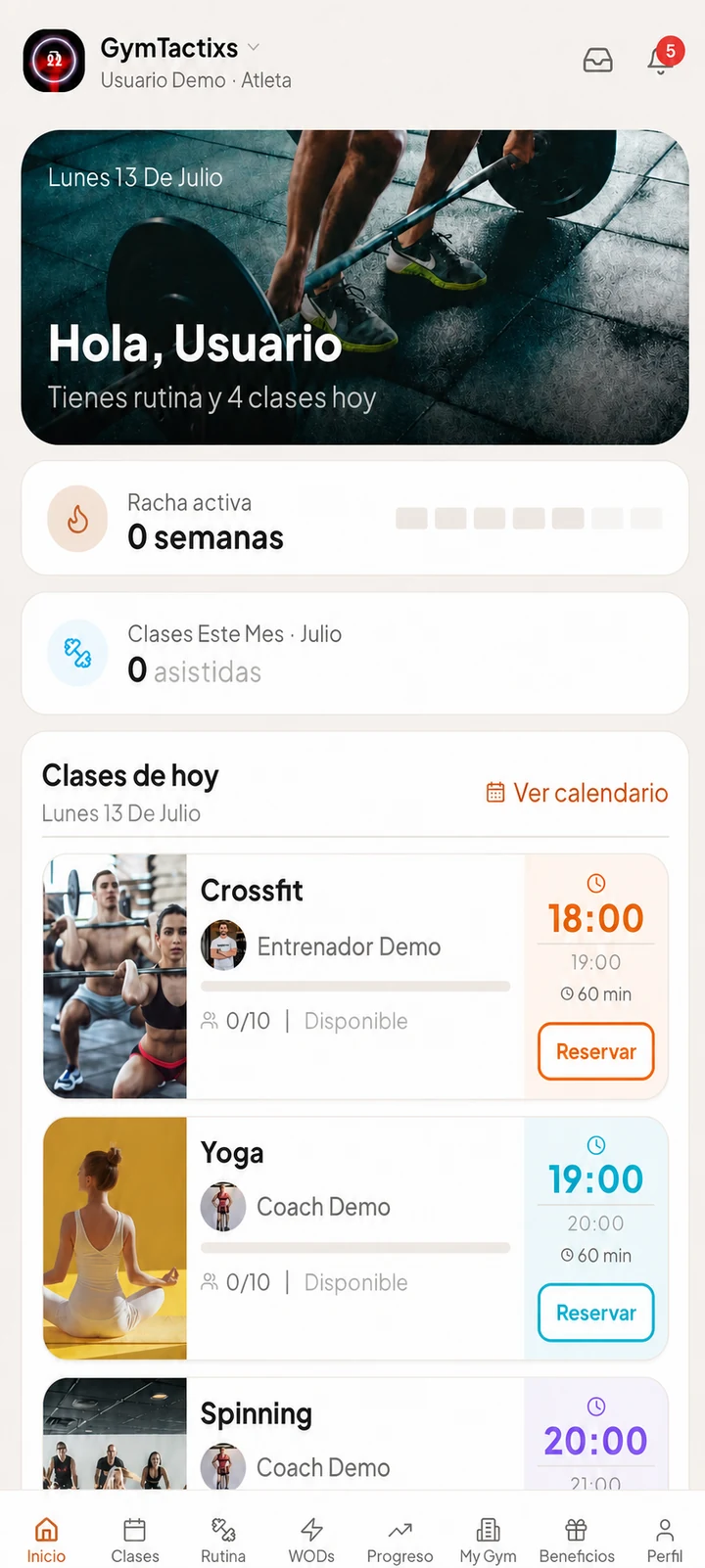 Vista de inicio para alumnos con datos de demostración de GymTactixs